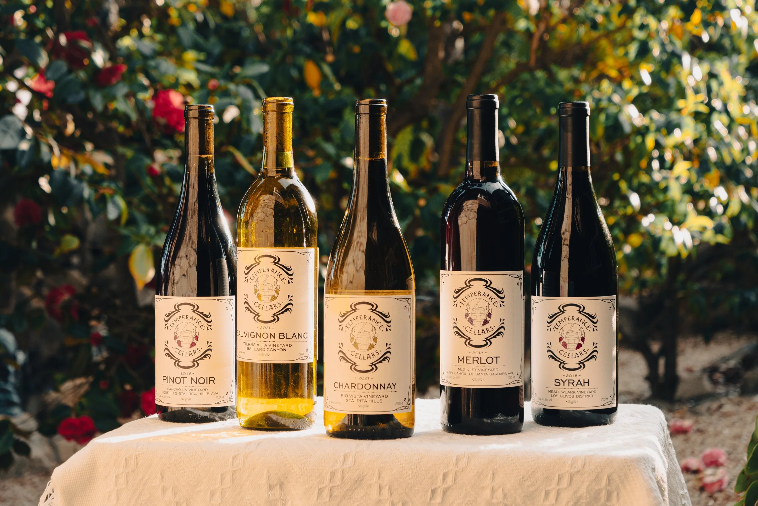 Bottles of Temperance Cellars wine among the vines